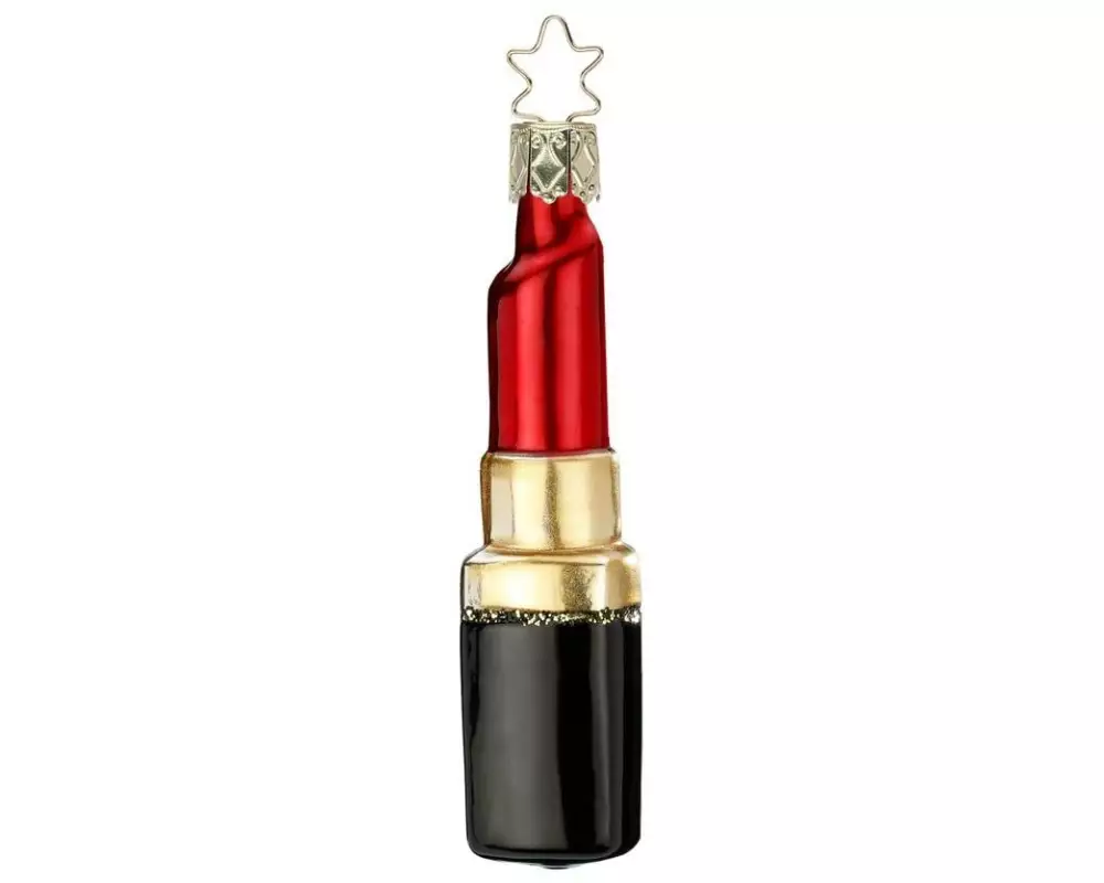 Inge Glas Manufaktur Weihnachtskugel Lippenstift Rot 9.5 cm, Gold/Rot/Schwarz