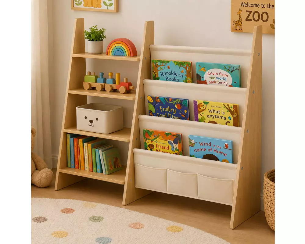 relaxdays Kinderzimmerregal MDF Polyester Stahl Hellbraun Weiss