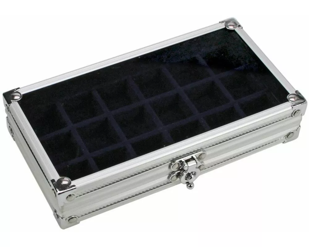 Sammelvitrine Aluminium. Format ca. 195 x 110 x 40 mm, mit 18 Fächern