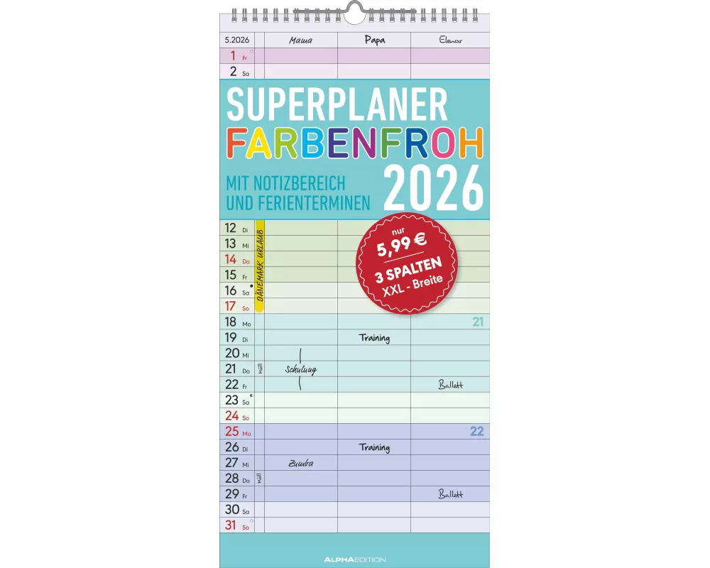 Alpha Edition - Superplaner Farbenfroh - 3 Spalten 2026 – Familienkalender 22×45 cm mit 3 Spalten & Notizbereich, bunter Wandplaner mit Ferienterminen