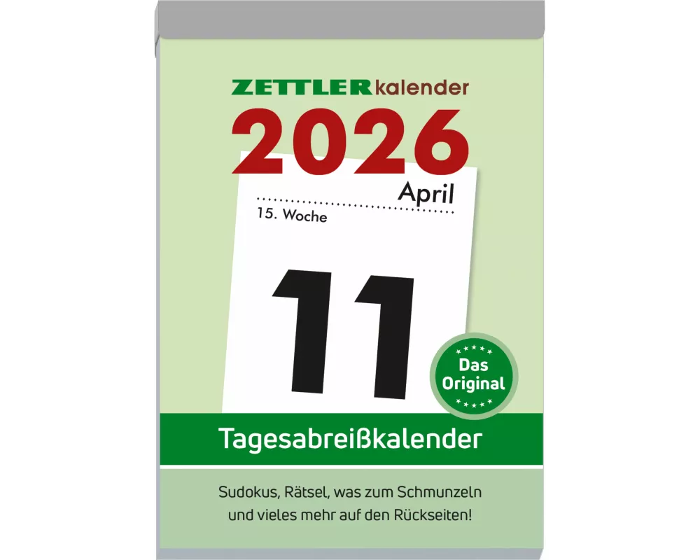 Zettler Tagesabreißkalender XXL 2026 – Abreißkalender 10 × 14 cm, 1 Tag pro Seite mit Sudoku, Rezepten, Rätseln & Tipps auf den Rückseiten, FSC-zertif