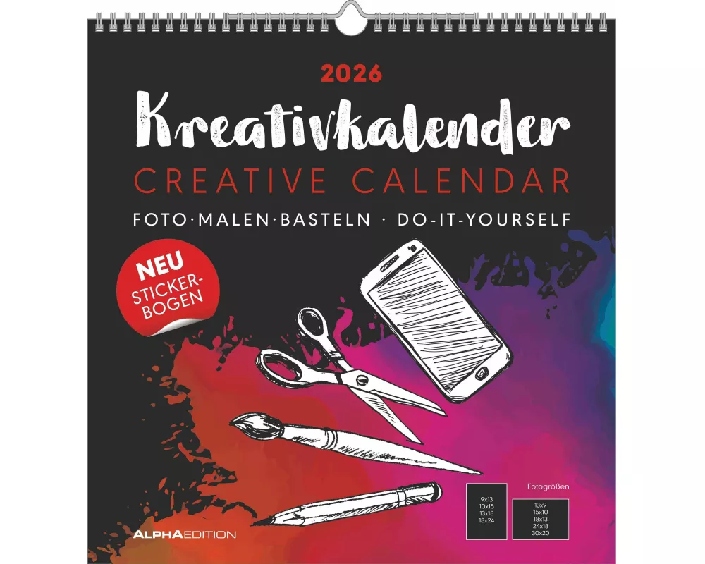 Alpha Edition - Kreativ-Kalender XL schwarz 2026 – Bastelkalender 32×33 cm mit weißer Schrift, Foto-, Mal- & Bastelkalender zum Selbstgestalten, DIY-G