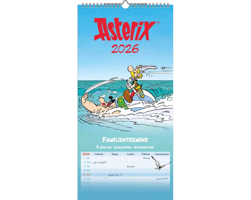 N Neumann - Asterix 2026 – Familienplaner 22x45 cm mit 5 Spalten, deutschem Kalendarium, Stundenplänen & Ferienterminen, Terminplaner mit Spiralbindun