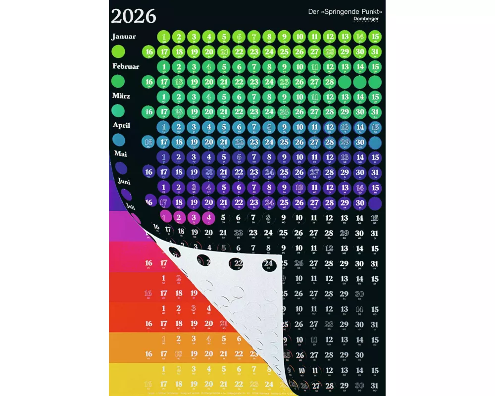 Domberger - Der Springende Punkt schwarz 2026 – Design-Wandkalender 58×81 cm von Michael Domberger, Kunstkalender mit 365 gestanzten Punkten & Farbwec