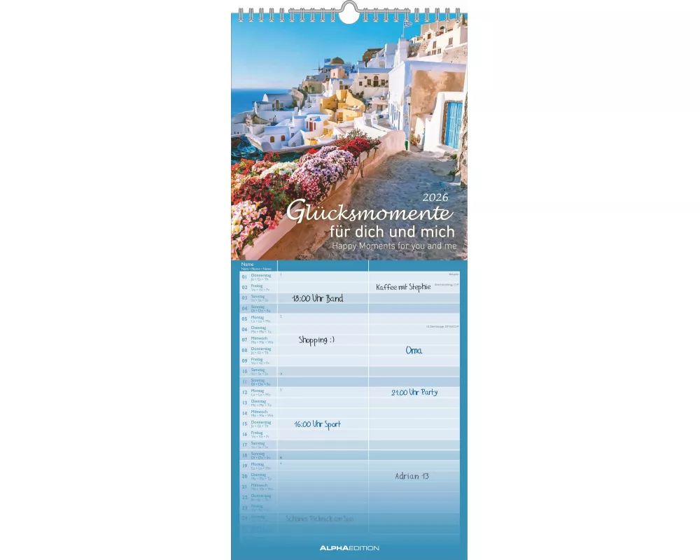 Alpha Edition - Glücksmomente für dich und mich Familienkalender 2026 – Wandkalender 19,5×45 cm mit 5 Spalten & Feiertagen, Landschaftsmotive, praktis