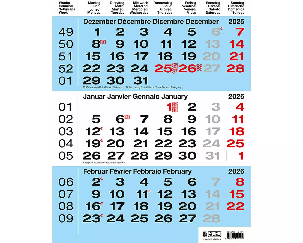 3-Monats-Kalender blau 2026