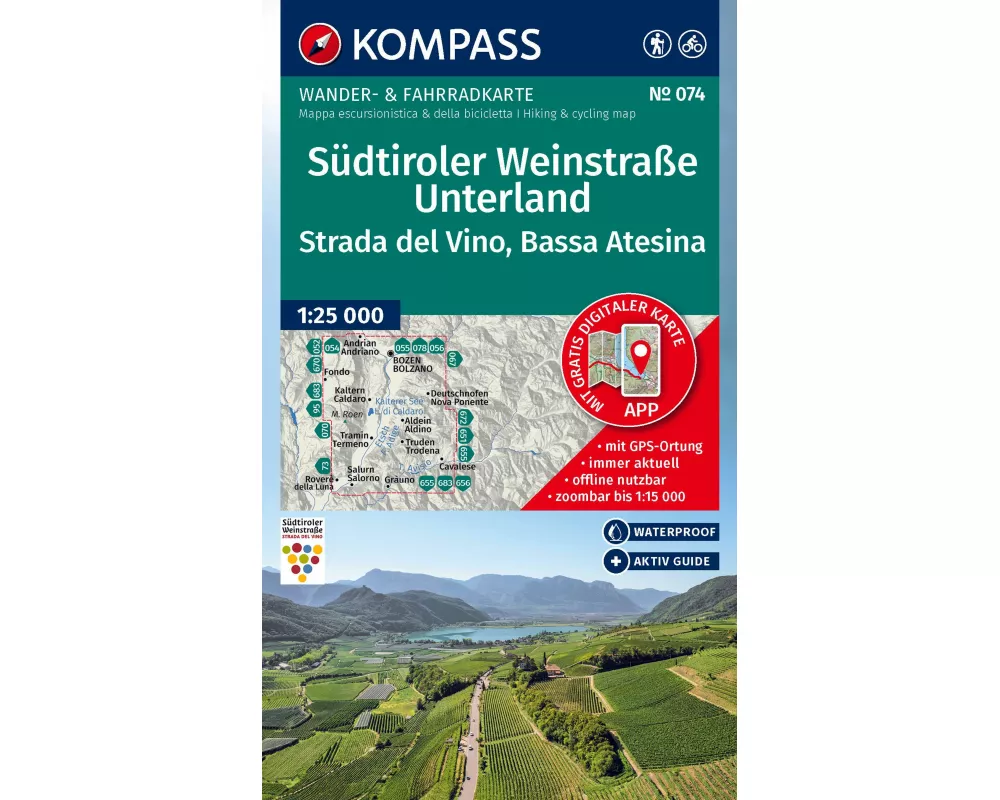 KOMPASS Wanderkarte 074 Südtiroler Weinstraße, Unterland / Strada del Vino, Bassa Atesina 1:25.000