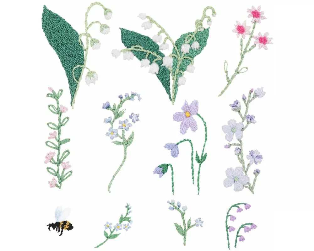Stick & Stitch Packung, Blumen, bunt, 21 Stk., inkl. wasserlöslicher, bedruckter Stickvorlage, Stickgarn, Sticknadel und Anleitung