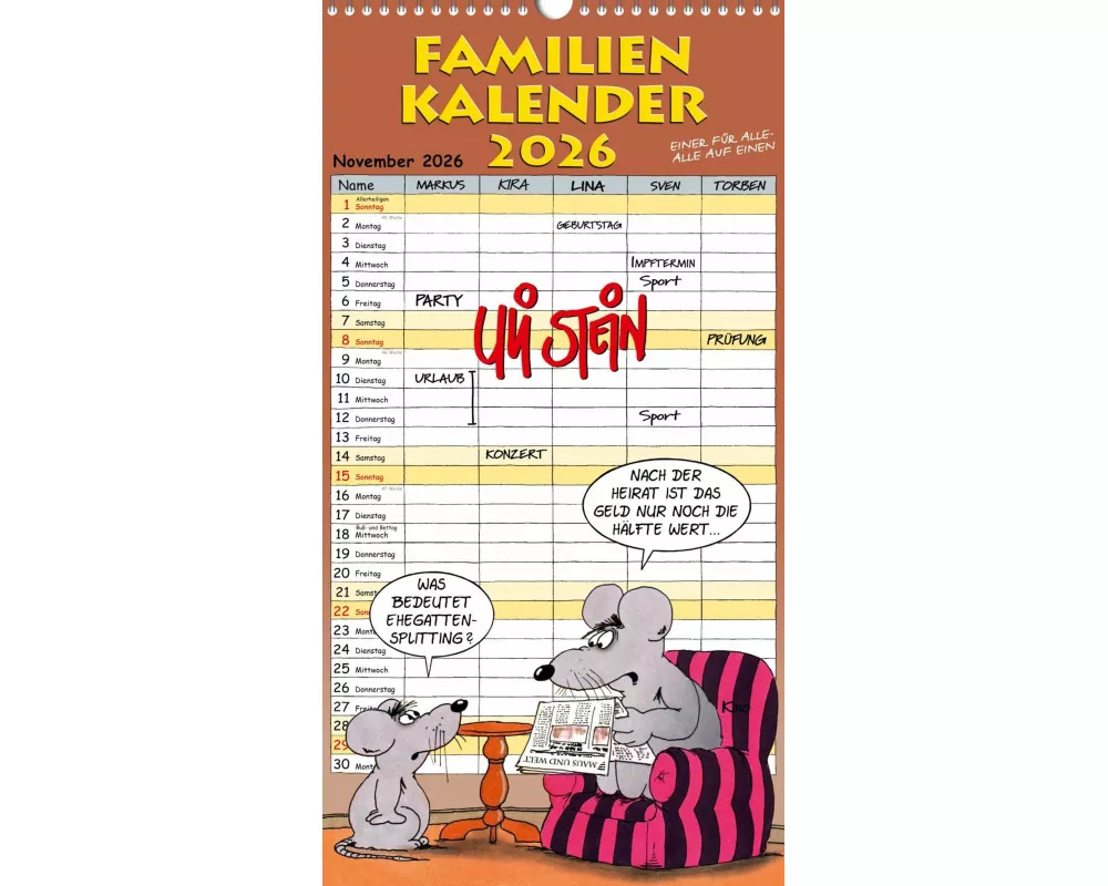 Uli Stein Familienkalender 2026: Familienplaner mit 5 Spalten