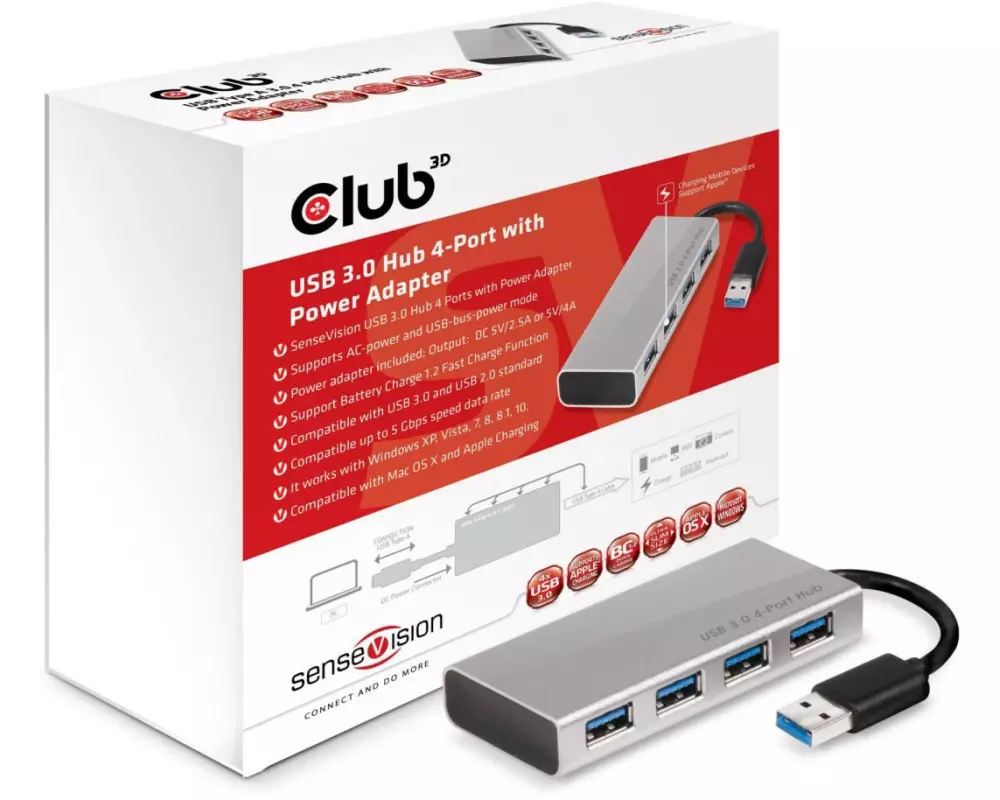 Club 3D USB-Hub USB 3.1 4-Port mit Netzteil