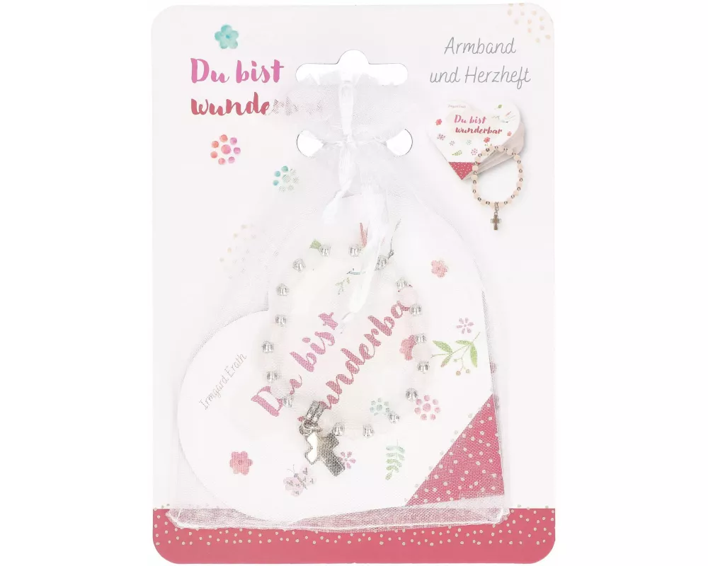 Stretch-Armband mit Kreuz und rosa Perlen: Du bist wunderbar