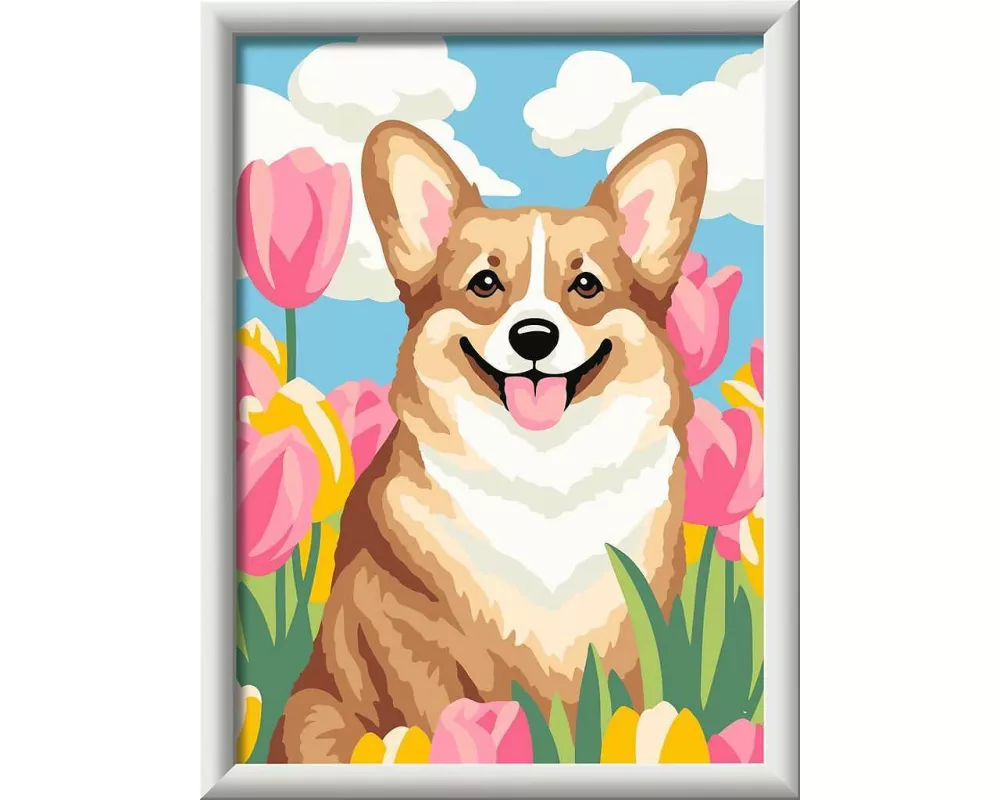 CreArt, Malen nach Zahlen Kinder - Corgi im Blütenmeer