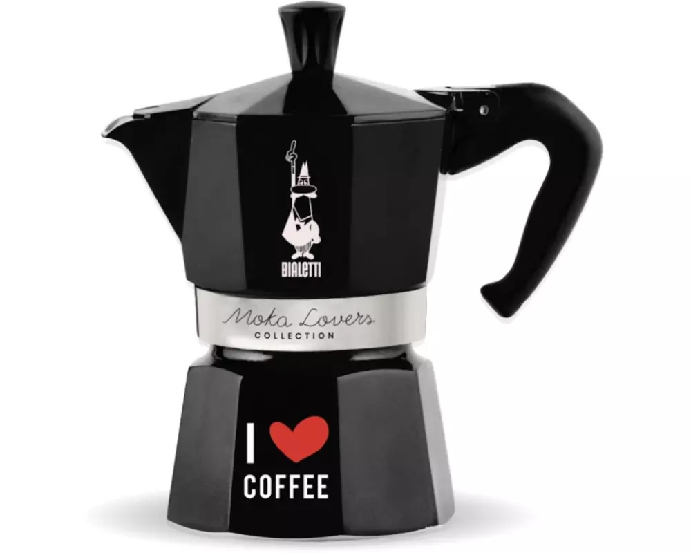 Bialetti Espressokocher Moka Express I love Coffee 3 Tassen, Schwarz