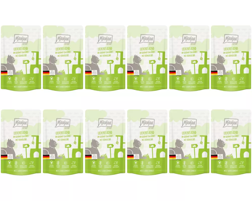 Mjamjam Nassfutter Quetschie Rind & Kürbis, 12 x 125 g