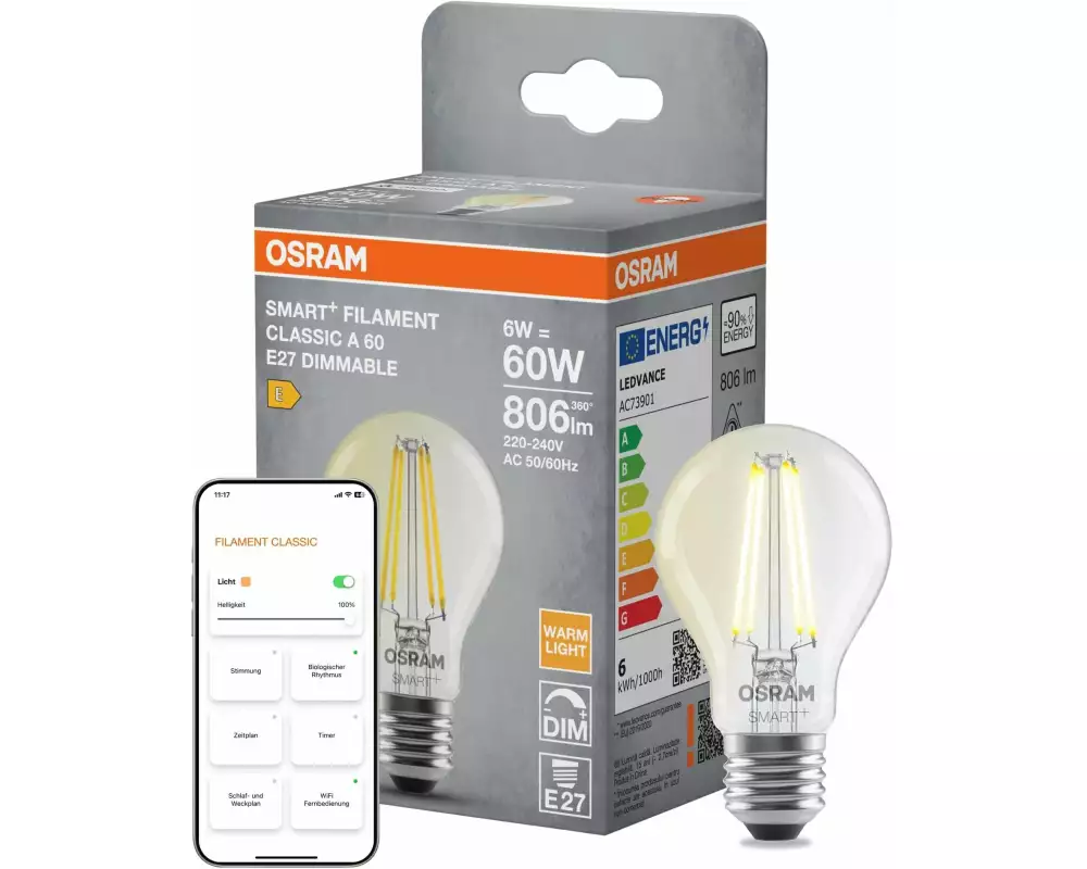 OSRAM Leuchtmittel SMART+ WiFi Classic, E27, 2700 K, filament klar