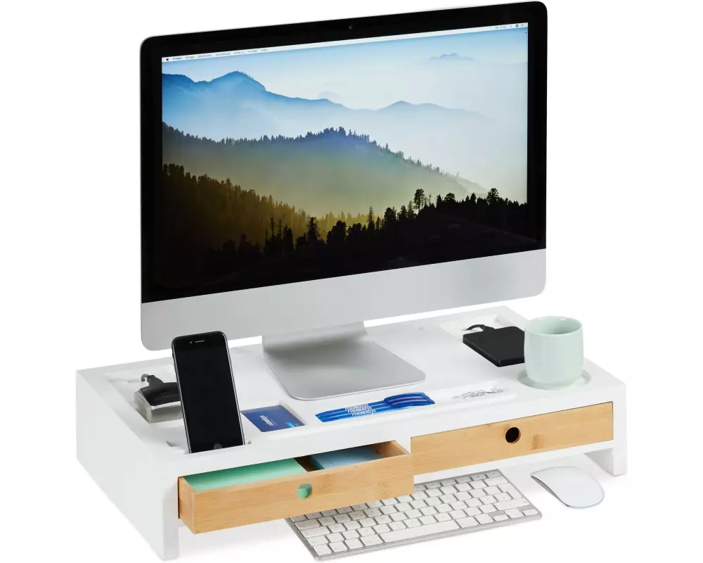 relaxdays Monitorständer XL, 11 x 58.5 x 32.5 cm, Weiss / Hellbraun