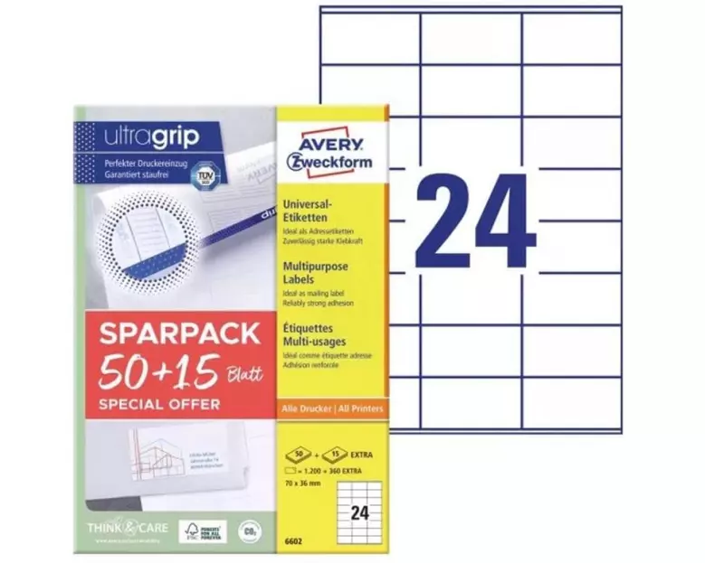 Avery Zweckform Universal-Etiketten 70 x 36 mm, 1560 Etiketten / 65 Bogen