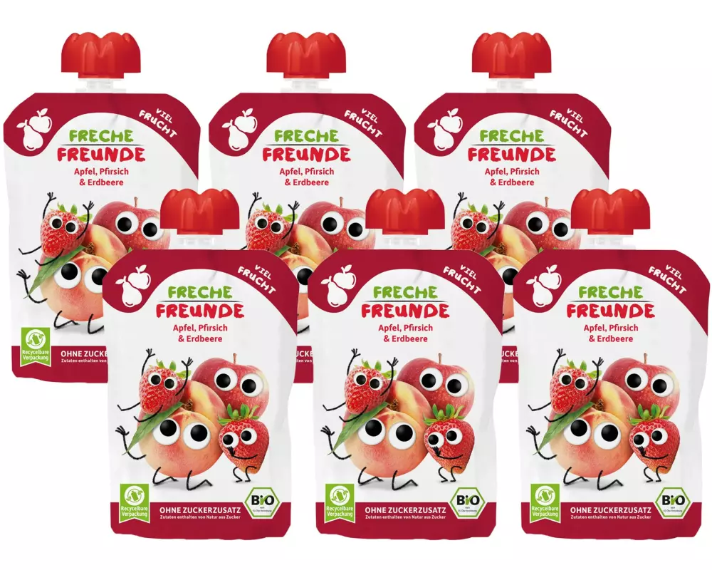 Freche Freunde Quetschbeutel Apfel, Pfirsich, Erdbeere 6x 100 g