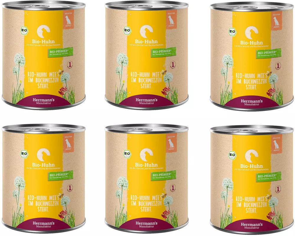 Herrmann's Nassfutter Bio Huhn mit Fenchel und Buchweizen 6 x 800 g