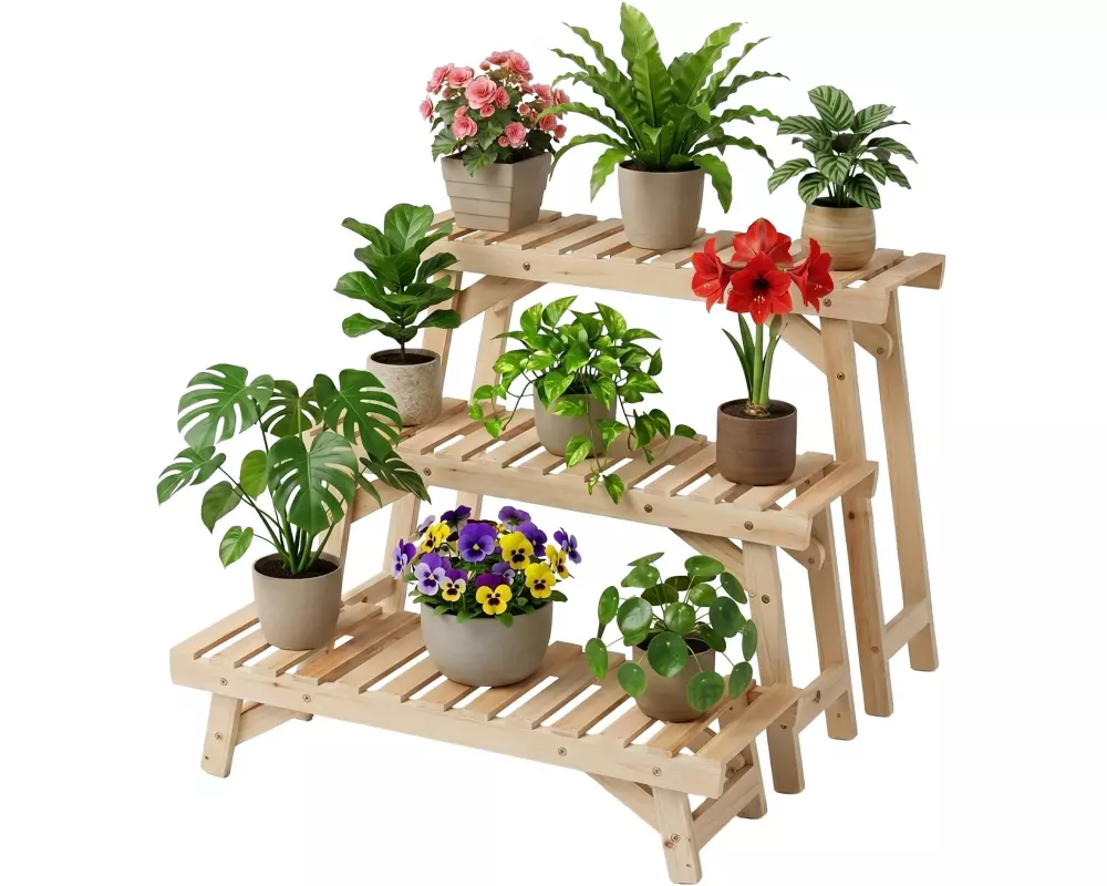 relaxdays Blumentreppe Tannenholz, Hellbraun, 3er Set