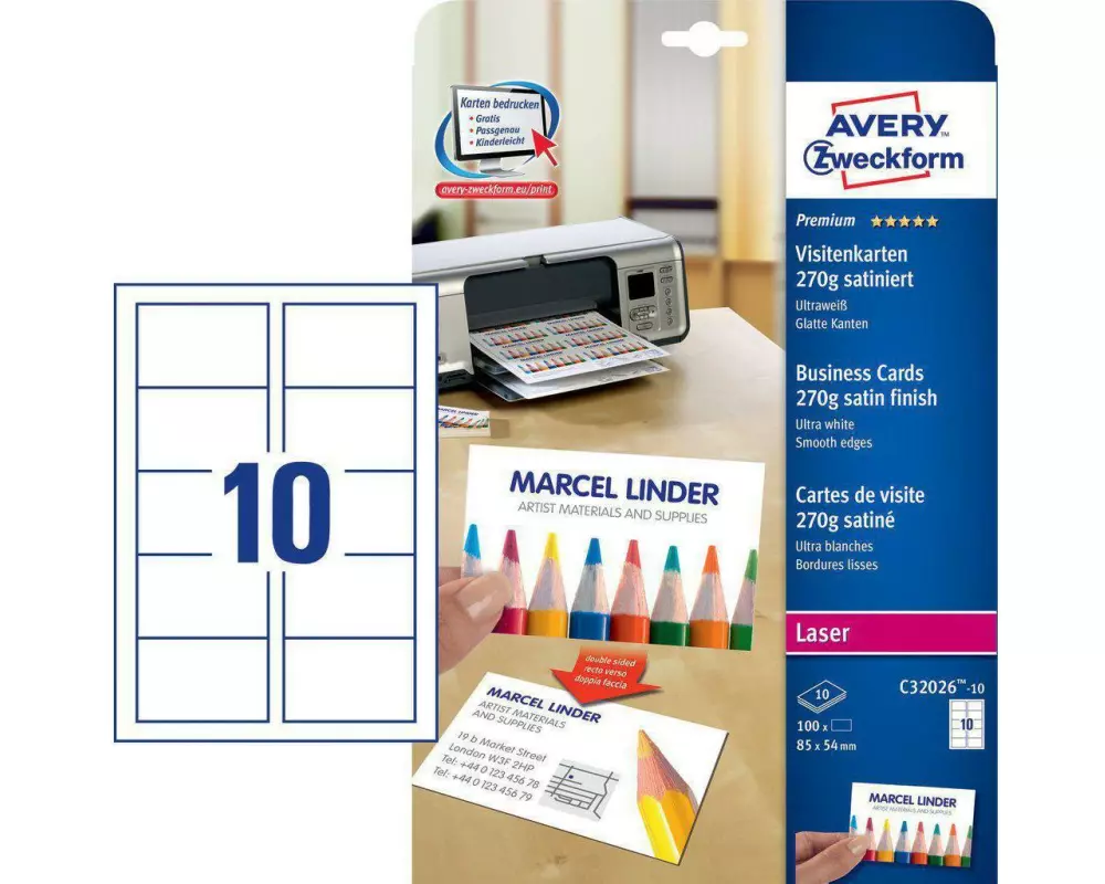 Avery Zweckform Visitenkarten-Etiketten 85 x 54 mm, 270 g/m² 100 Stück