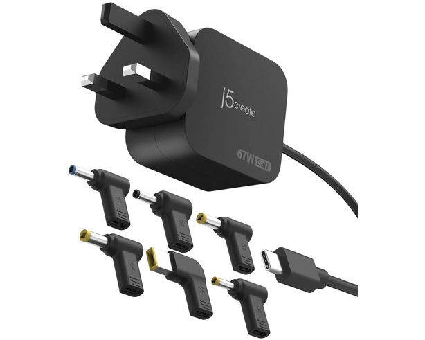 j5create JUP1565DC 67W GaN PD USB-C Mini Charger with 6 Types of DC Connector-UK, Black. Charger type: Indoor, Power source type: AC, Charger compatibility: Universal, USB Type-C ports quantity: 1. Product colour: Black