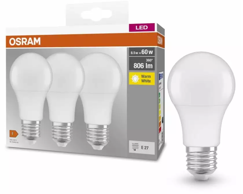 OSRAM Lampe LED BASE CLASSIC A 8.5W, E27, Warmweiss (WW)