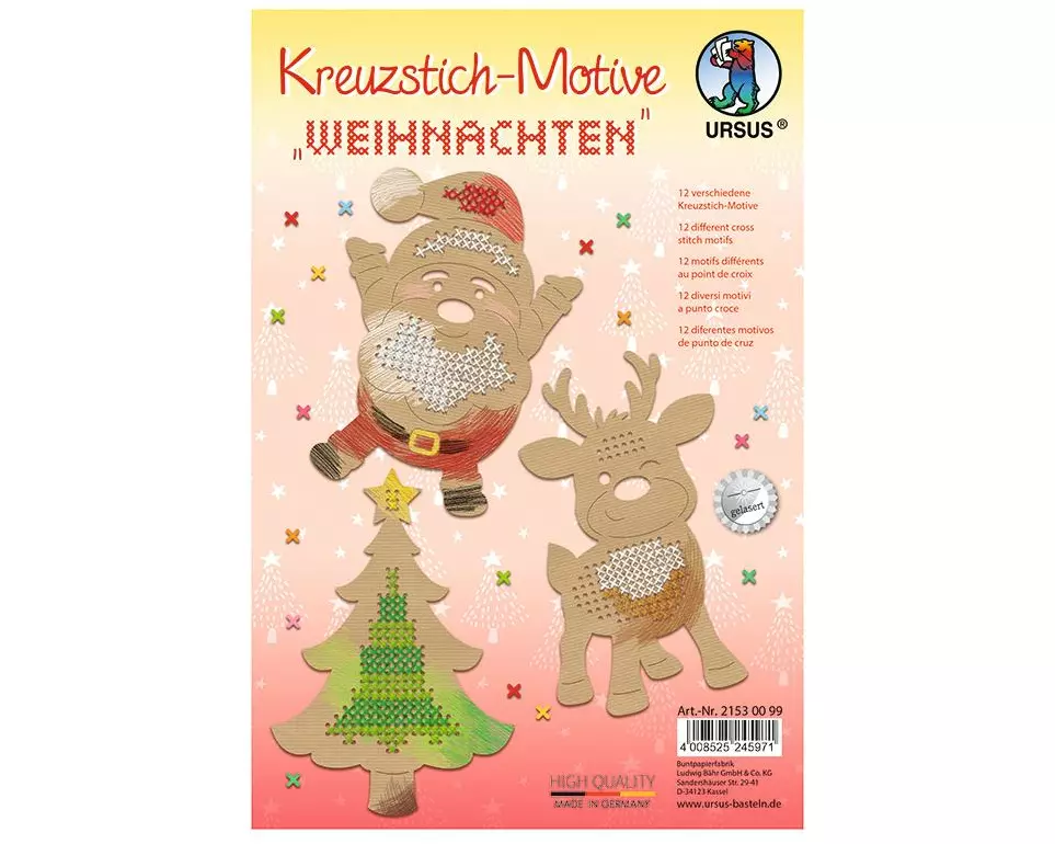 URSUS Bastelset Kreuzstich-Motive Weihnachten 12 Stück