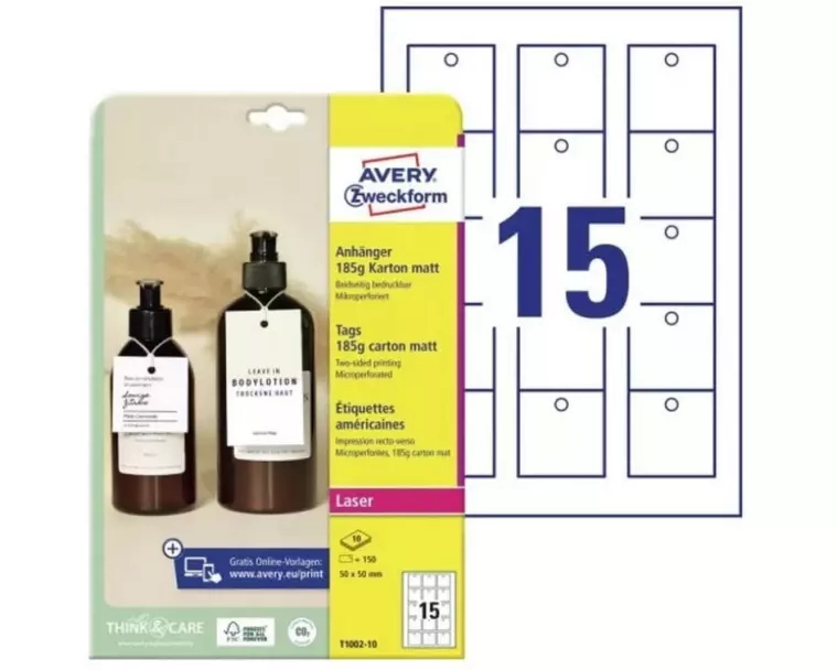 Avery Zweckform Hängeetiketten Tags 90 x 50 mm, 10 Blatt, 150 Stück