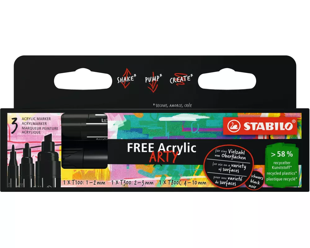 STABILO Acrylmarker Free Acrylic Mix Schwarz, 3-Etui