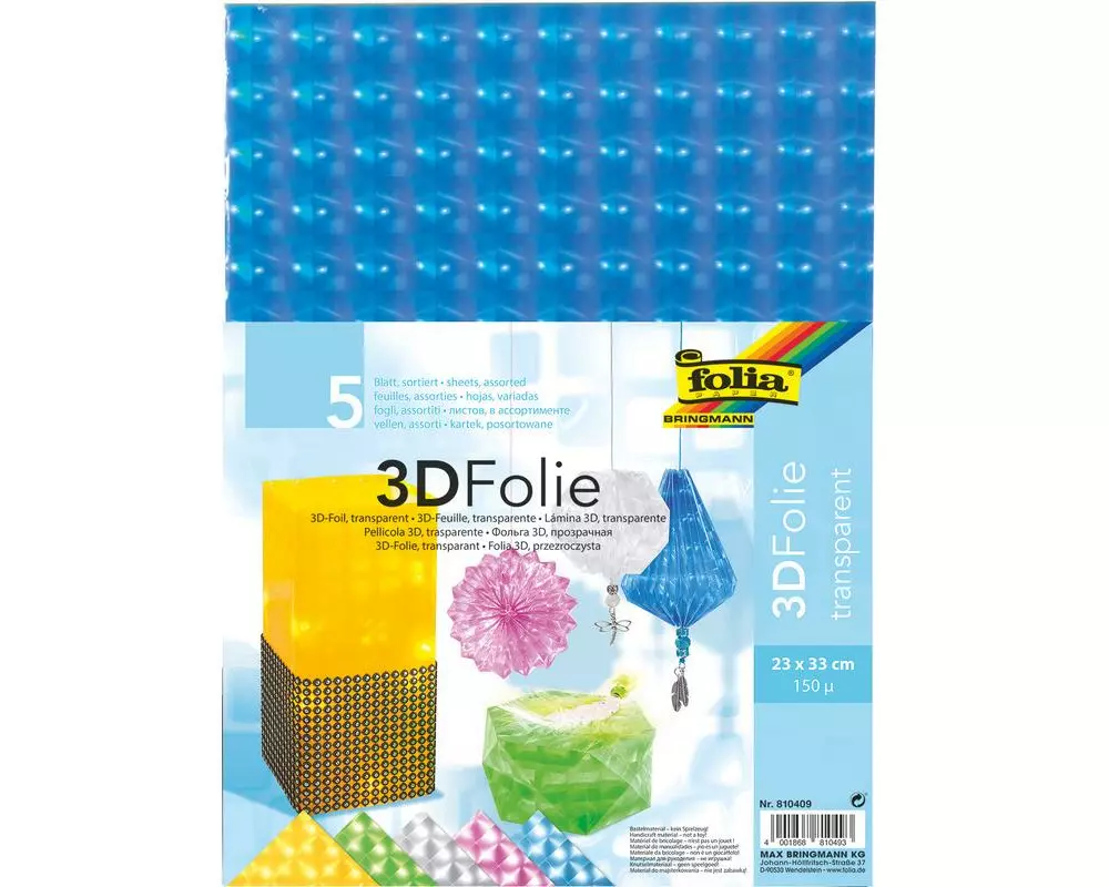 Folia Folie 3D, 23 x 33 cm, 5 Blatt, transparent, farbig sortiert