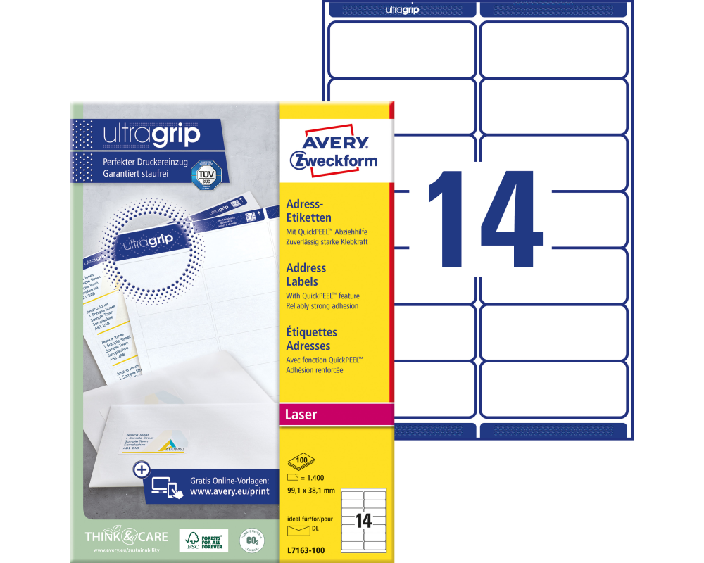 AVERY ZWECKFORM Adressetiketten 99,1x38,1mm L7163-100 weiss 1400 Stk./100 Blatt