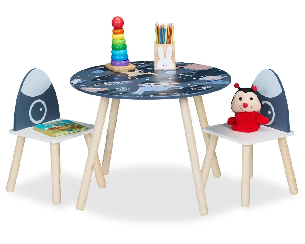 relaxdays Kindersitzgruppe Space Dunkelblau; Hellbraun; Weiss