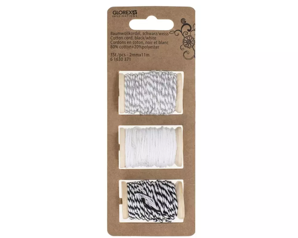 Glorex Kordelband 2 mm x 11 m, Schwarz/Weiss