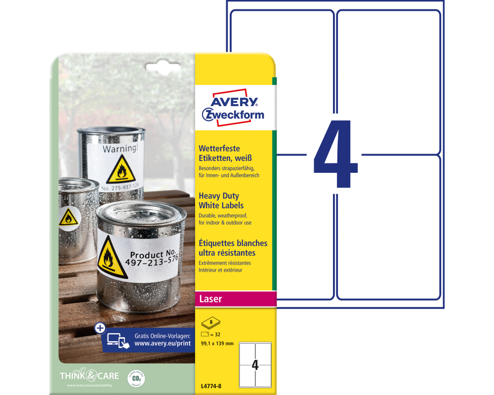 AVERY ZWECKFORM Etiketten Laser 99,1x139mm L47748 weiss, wetterfest 8 Blatt