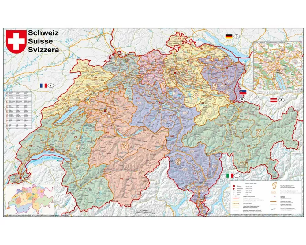 Schweiz Postleitzahlen 1 : 400 000. Wandkarte laminiert Poster