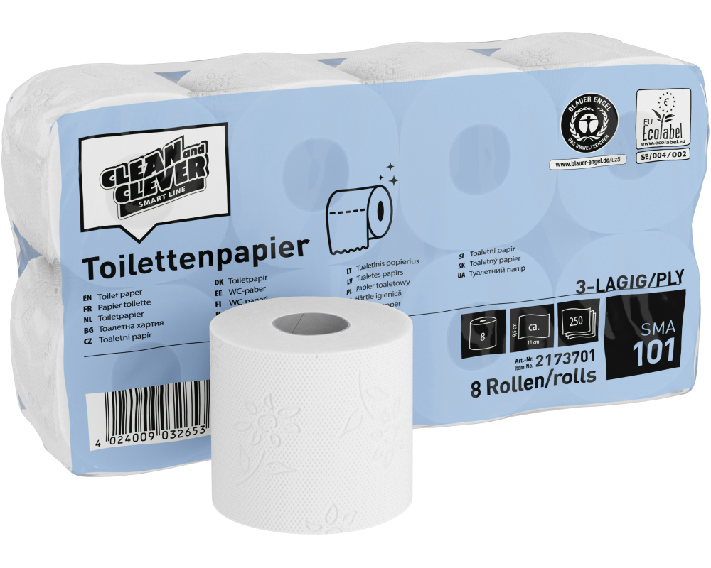 CLEAN AND CLEVER WC-Papier 3-lagig 9.4x11cm P32660 weiss recycling 64 Rl.,250 Bl.