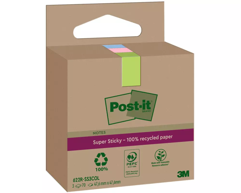 Post-it Notizzettel Super Sticky Recycling, Mehrfarbig, 3 Blöcke