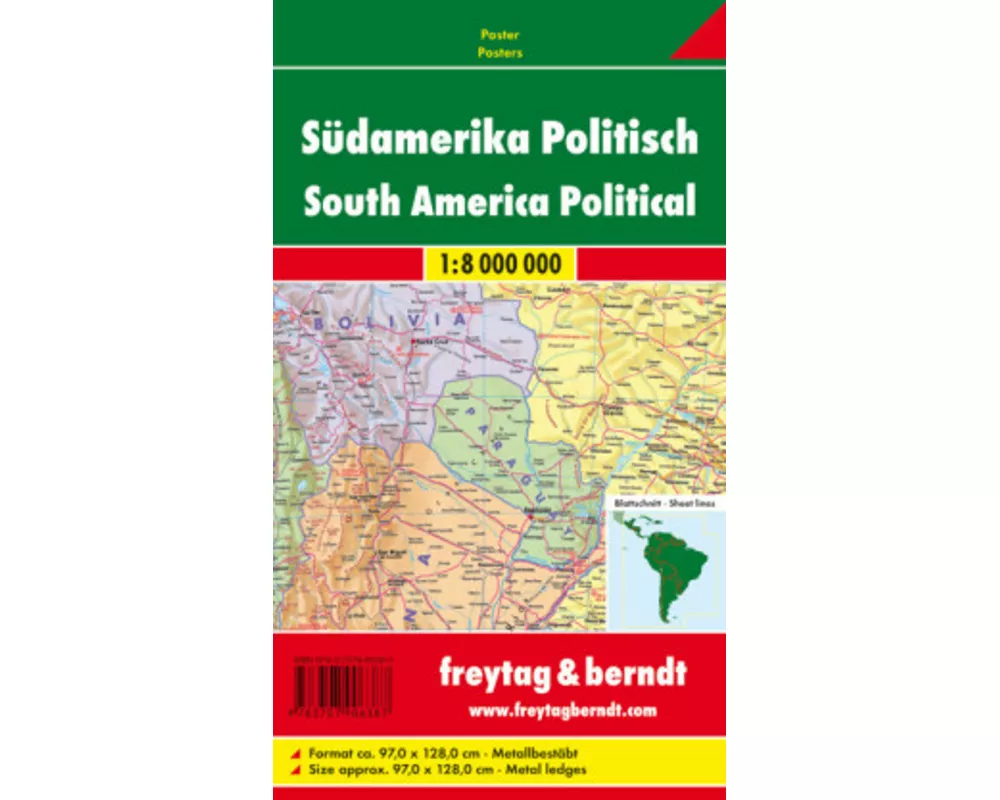 Südamerika Politisch, 1:8 Mio., Poster, metallbestäbt