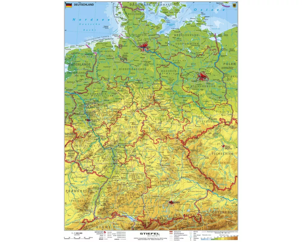 Deutschland, physisch 1 : 1 100 000. Wandkarte Kleinformat ohne Metallstäbe