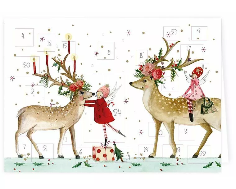 Adventskalender-Doppelkarte. Rentier mit Engel