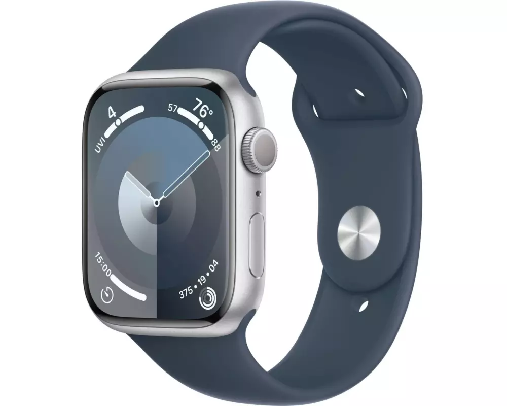 Apple Watch Series 9 45 mm Alu Silber Sport Sturmblau M/L