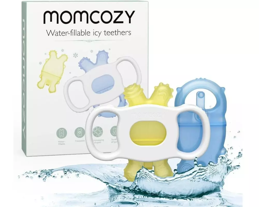 momcozy Baby Beissring YEL & BLA gelb/blau, mit Kühlfunktion