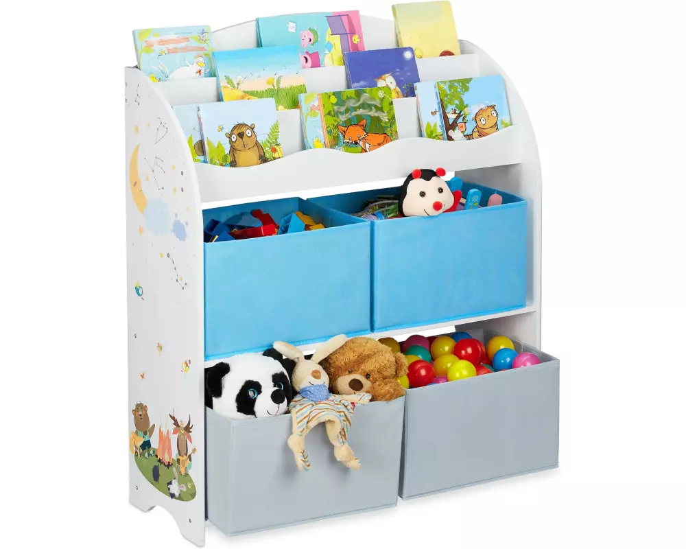 relaxdays Spielregal, 4 Boxen, 3 Bücherfächer