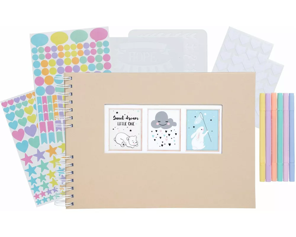 Scrapbooking-Set, Fotoalbum mit Spiralbindung, 50 Seiten weiß, 32x22 cm + Stifte, Sticker, Schablonen, Fotoecken