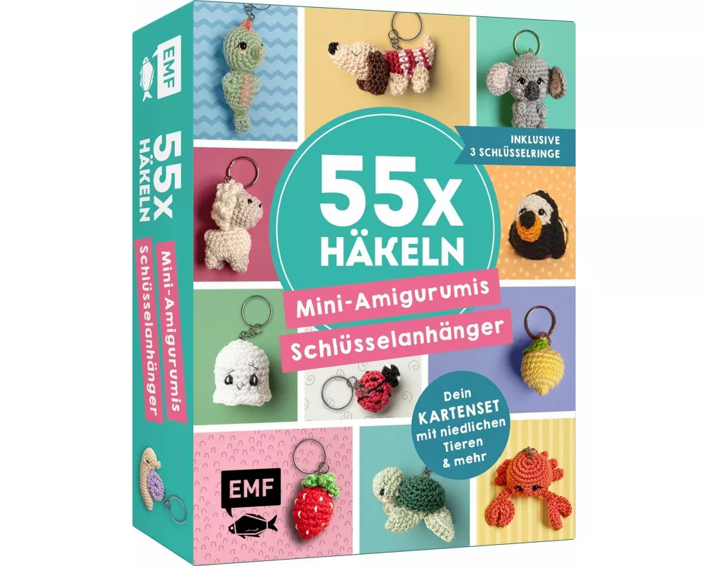 55 x häkeln – Mini-Amigurumis Schlüsselanhänger: Dein Kartenset mit niedlichen Tieren & mehr