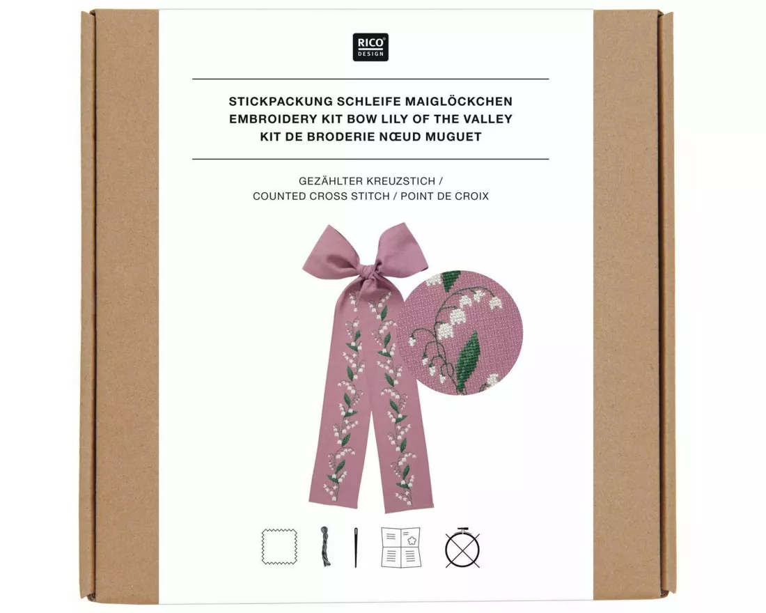 Stickpackung, Gezählter Kreuzstich Schleife Maiglöckchen, Lila, 30 x 54 cm, 100% Baumwolle