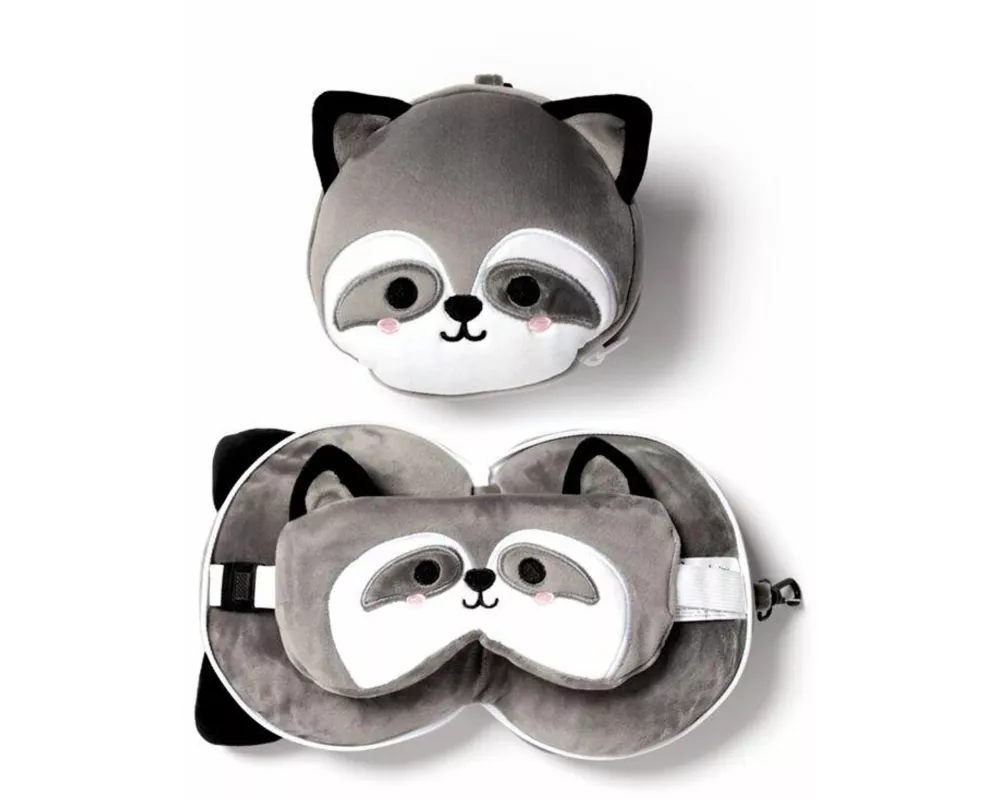 Relaxeazzz Plüsch Waschbär Reisekissen & Schlafmaske