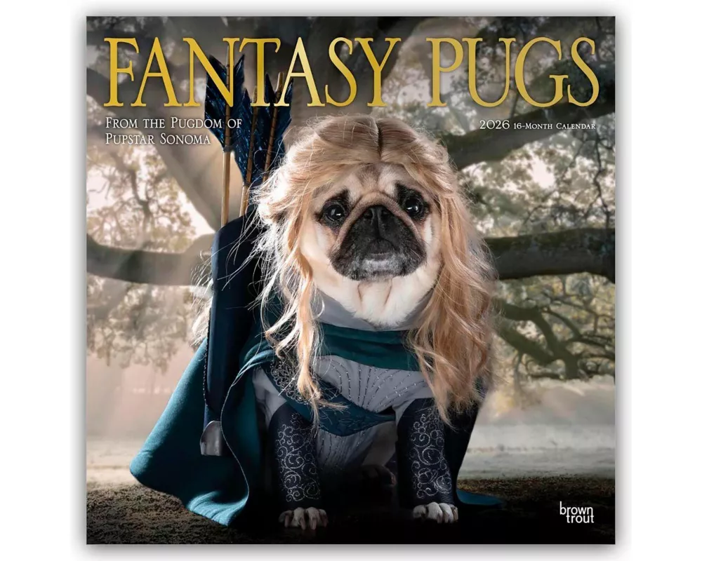 Fantasy Pugs Official 2026 12 X 24 Inch (Hanging) Monthly Square Wall Calendar Foil Stamped Cover Plastic-Free