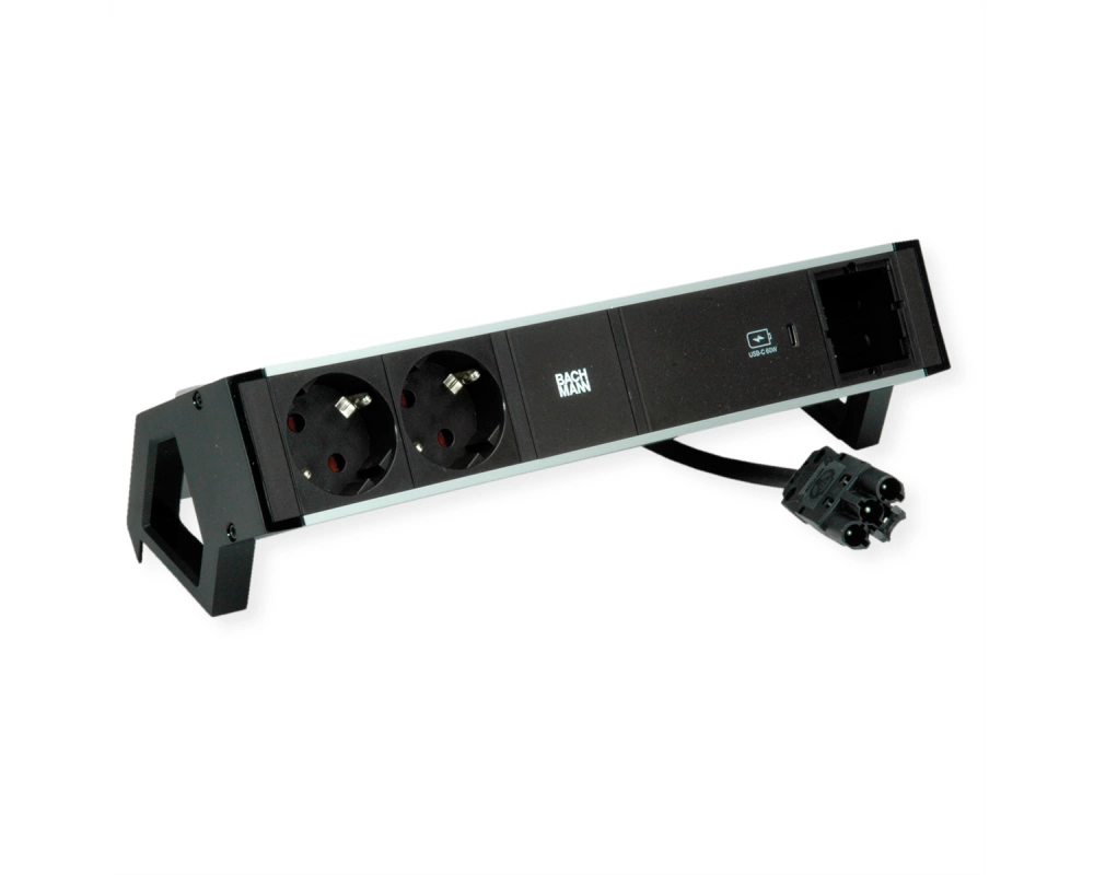 BACHMANN DESK2 ALU BLACK 2xSchutzkt.USBC, USB Charger 60W 1xABD 0,2m GST18